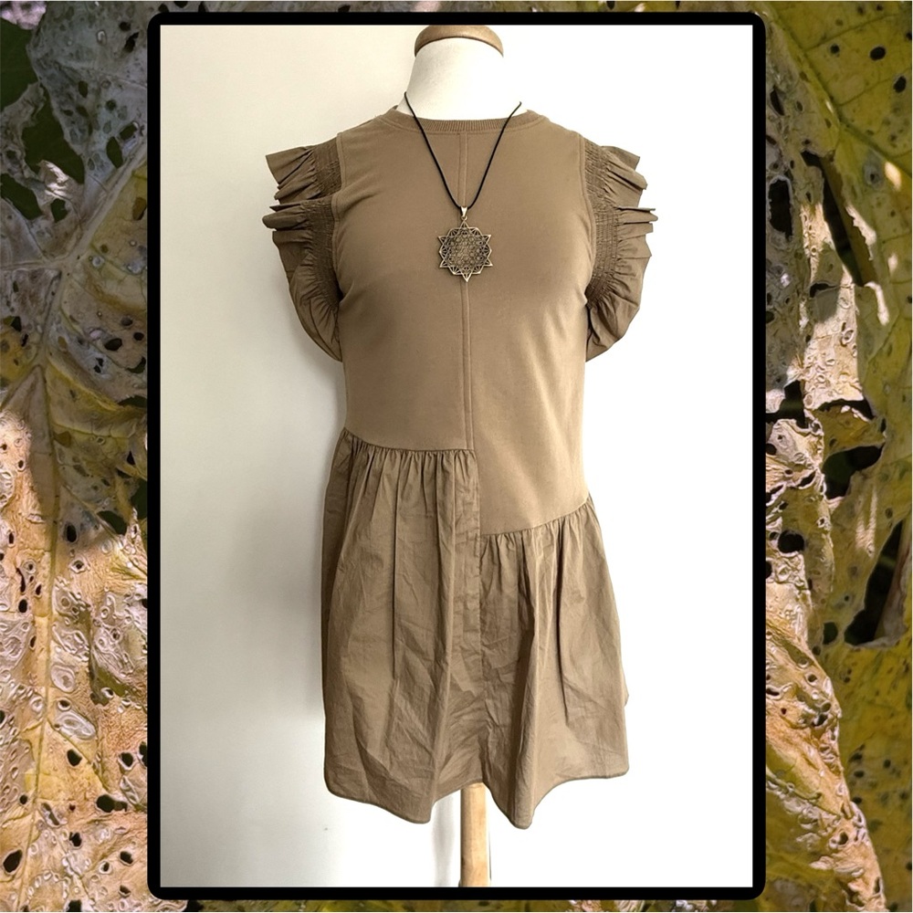 English Factory Taupe Ruffle Sleeve Mixed-Media Dress